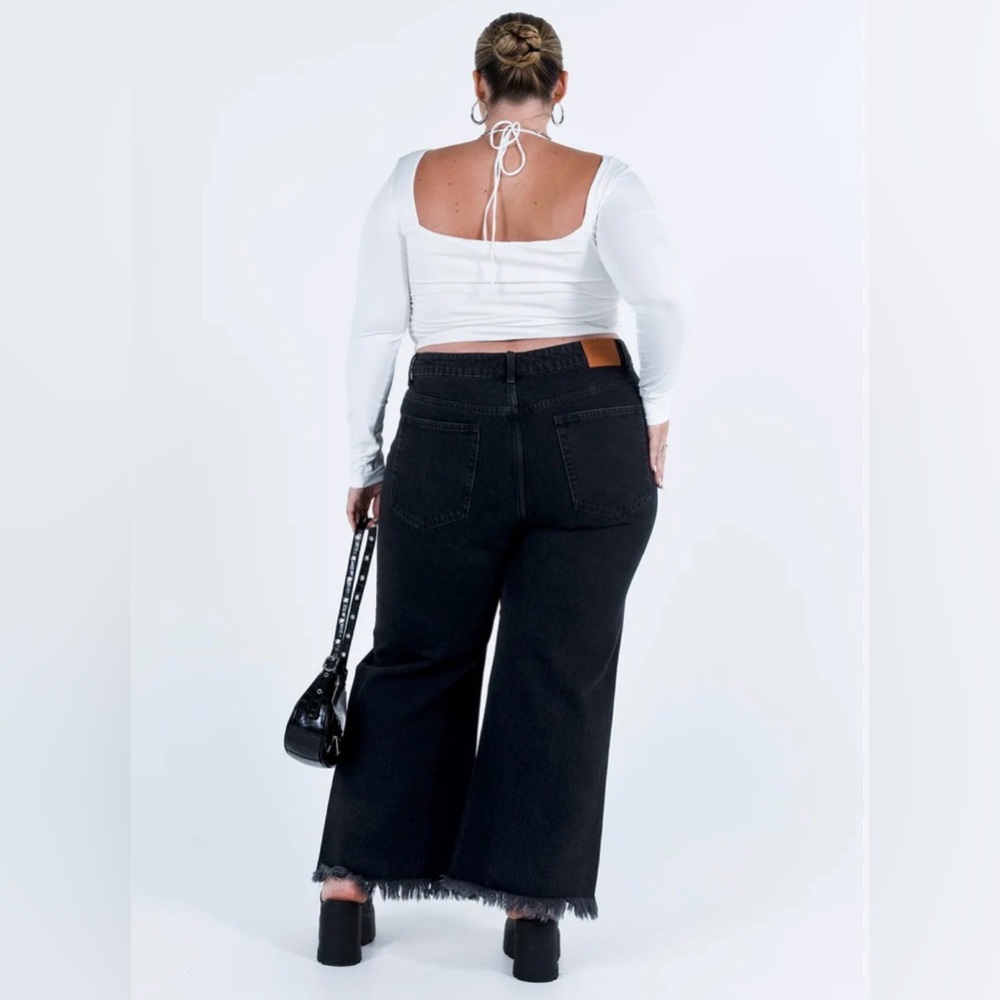 NWT Princess Polly 14 Black Jeans Carey Wide Leg Raw Hem High Rise Baggy Cropped